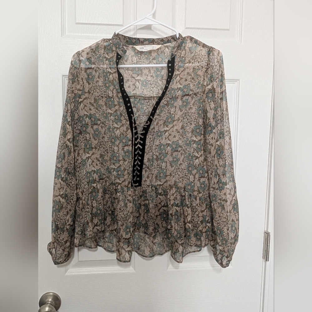 Zara, Medium, Floral Lace Up Peplum Blouse, Long Sleeve, Bohemian, Sheer